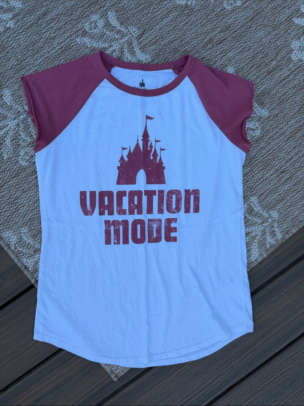 Disney Parks White and Maroon 'Vacation Mode' castle Raglan Tee